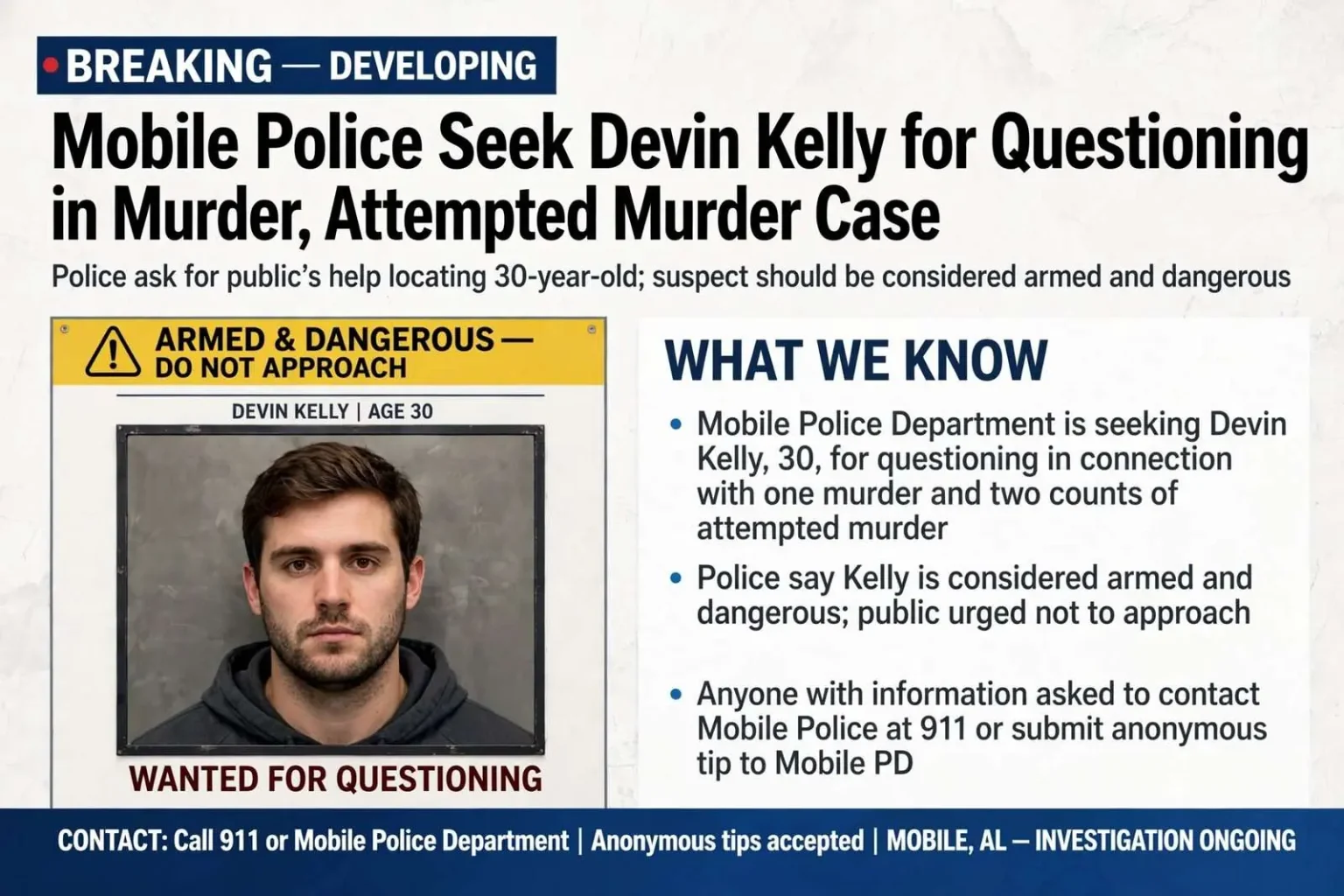 Illustration for the news story: Mobile Police Seek Devin Kelly for Questioning in Murder, Attempted Murder Case