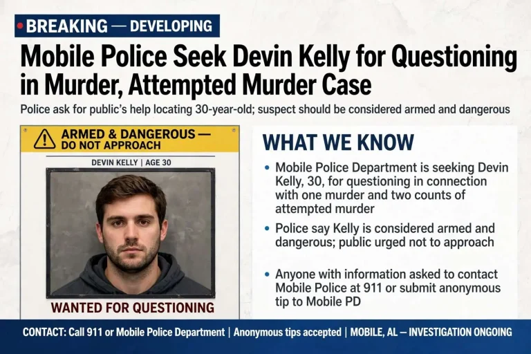 Illustration for the news story: Mobile Police Seek Devin Kelly for Questioning in Murder, Attempted Murder Case