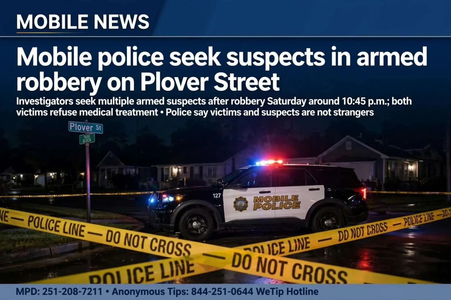 Illustration for the news story: Mobile police seek suspects in armed robbery on Plover Street