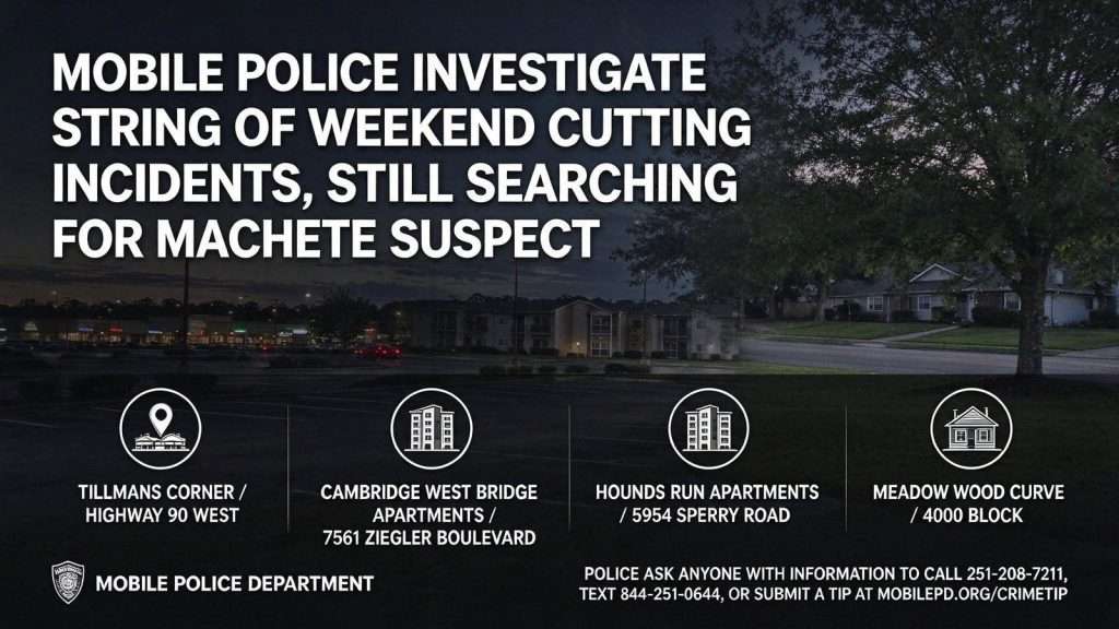 Illustration for the news story: Mobile Police Investigate String of Weekend Cutting Incidents, Still Searching for Machete Suspect