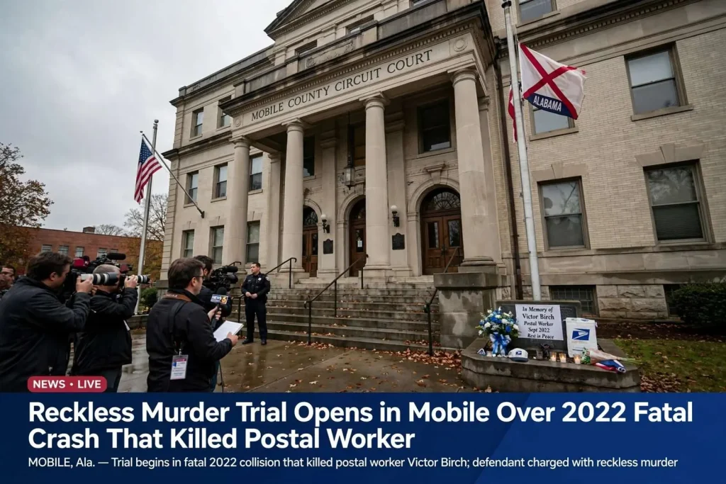 Illustration for the news story: Reckless Murder Trial Opens in Mobile Over 2022 Fatal Crash That Killed Postal Worker