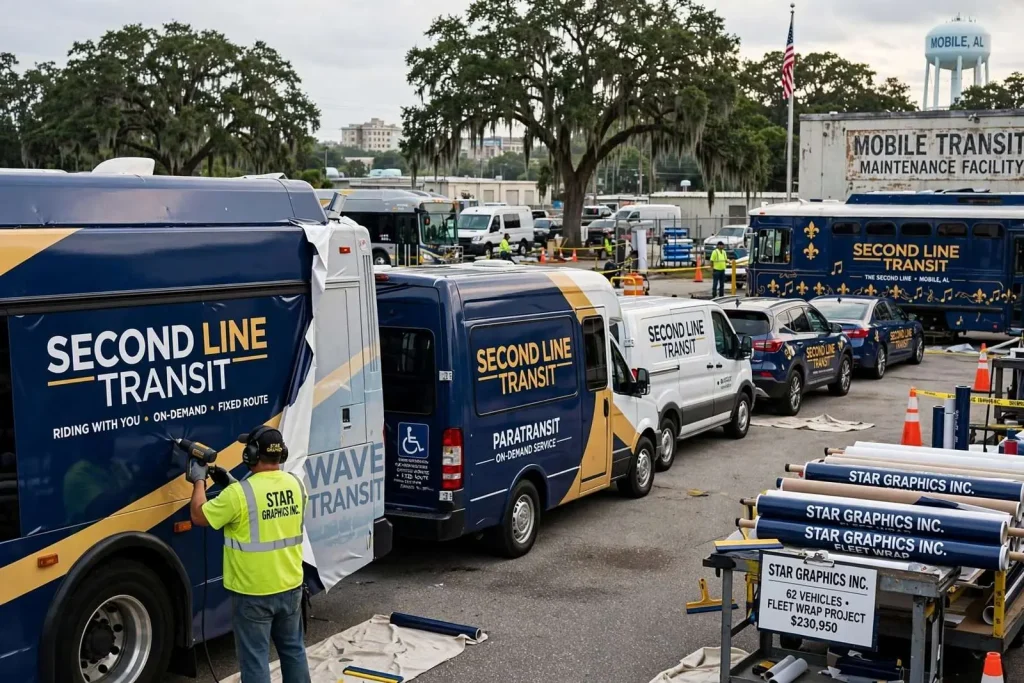 Illustration for the news story: Mobile to Spend $231K Wrapping 62 Vehicles as Second Line Transit Replaces WAVE