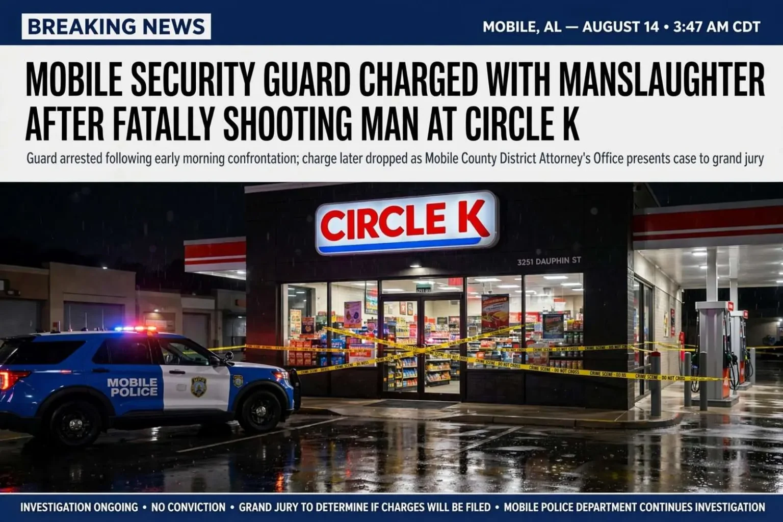 Illustration for the news story: Mobile Security Guard Charged with Manslaughter After Fatally Shooting Man at Circle K