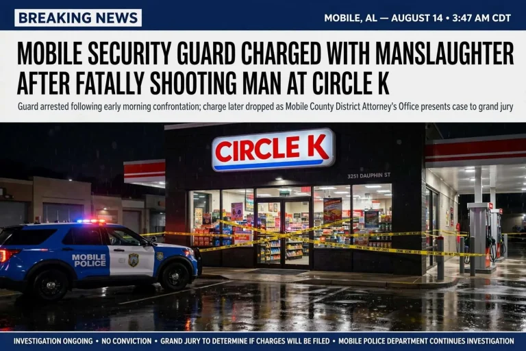 Illustration for the news story: Mobile Security Guard Charged with Manslaughter After Fatally Shooting Man at Circle K