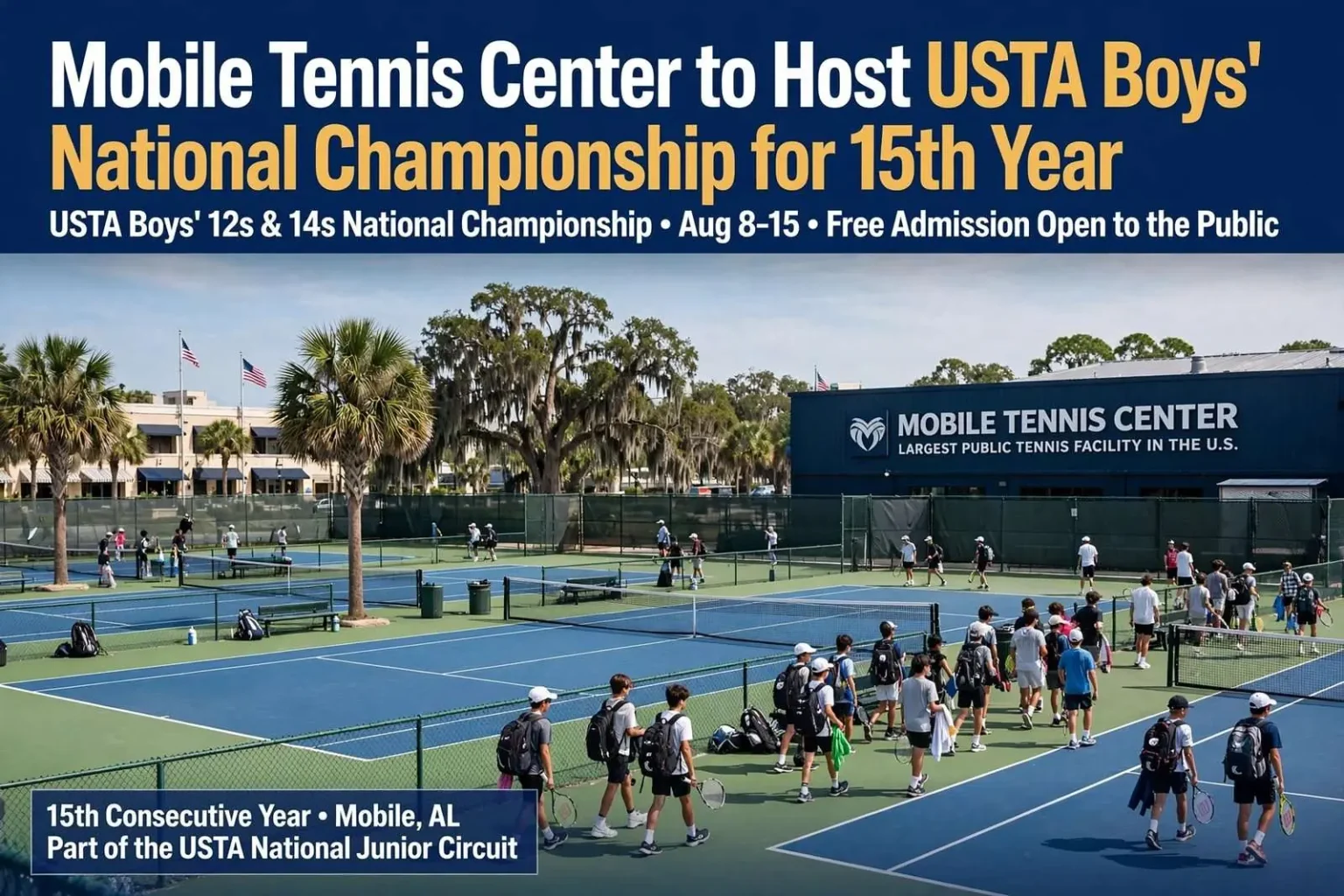 Illustration for the news story: Mobile Tennis Center to Host USTA Boys’ National Championship for 15th Year