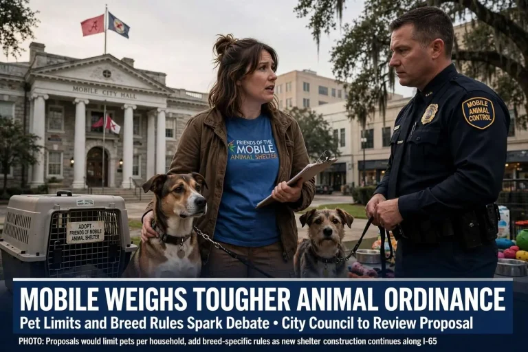 Illustration for the news story: Mobile Weighs Tougher Animal Ordinance as Pet Limits and Breed Rules Spark Debate