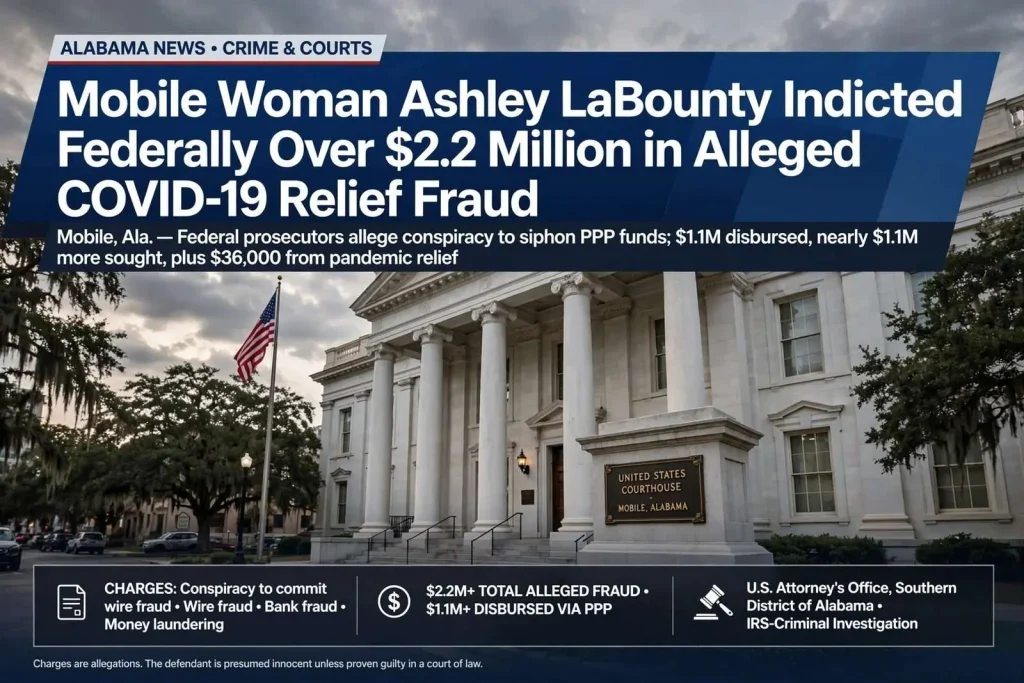 Illustration for the news story: Mobile woman Ashley LaBounty indicted federally over $2.2 million in alleged COVID-19 relief fraud