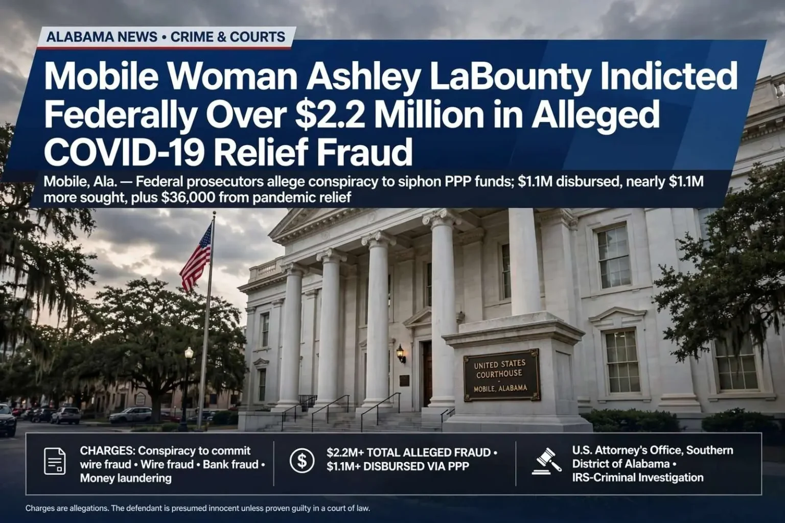 Illustration for the news story: Mobile woman Ashley LaBounty indicted federally over $2.2 million in alleged COVID-19 relief fraud