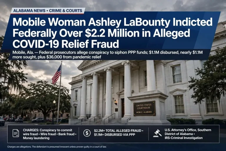 Illustration for the news story: Mobile woman Ashley LaBounty indicted federally over $2.2 million in alleged COVID-19 relief fraud