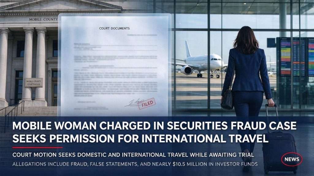 Illustration for the news story: Mobile Woman Charged in Securities Fraud Case Seeks Permission for International Travel