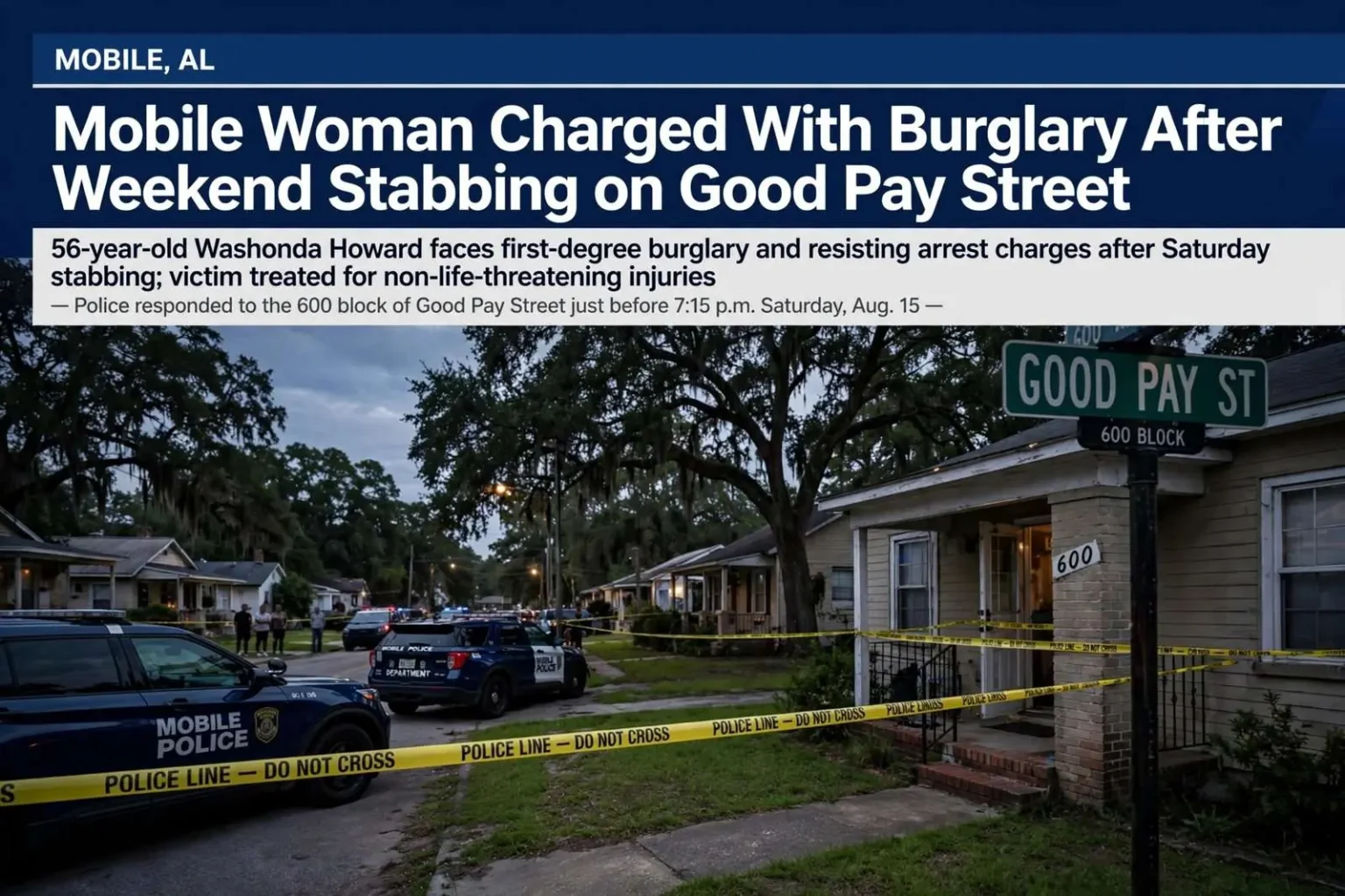 Illustration for the news story: Mobile Woman Charged With Burglary After Weekend Stabbing on Good Pay Street