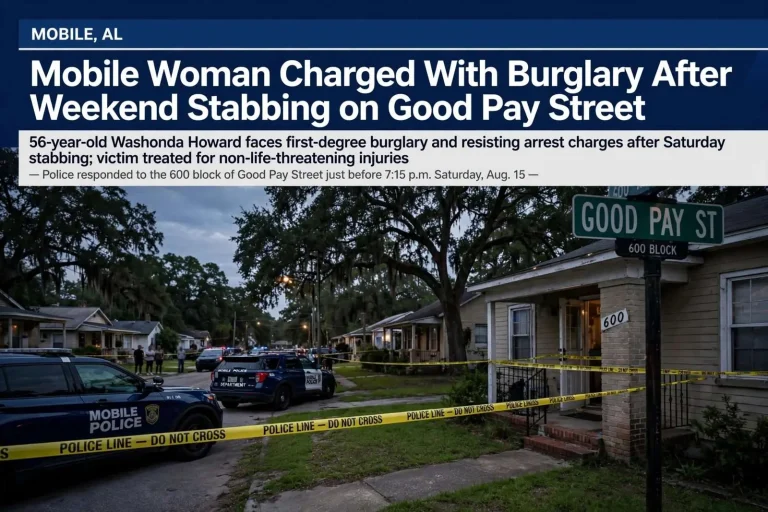 Illustration for the news story: Mobile Woman Charged With Burglary After Weekend Stabbing on Good Pay Street