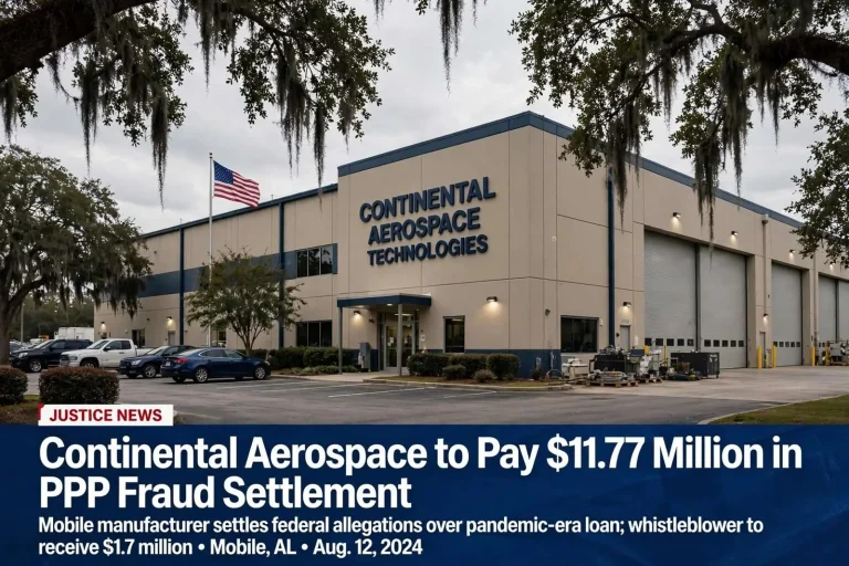 Illustration for the news story: Mobile’s Continental Aerospace to Pay $11.77 Million in PPP Fraud Settlement, Whistleblower to Collect $1.7 Million
