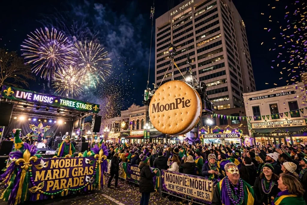 Illustration for the news story: Mobile’s Moon Pie Drop Returns With Mardi Gras Parade, Live Music and Free Museum Access