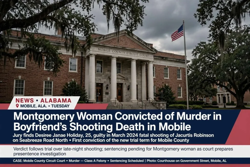 Illustration for the news story: Montgomery Woman Convicted of Murder in Boyfriend’s Shooting Death in Mobile