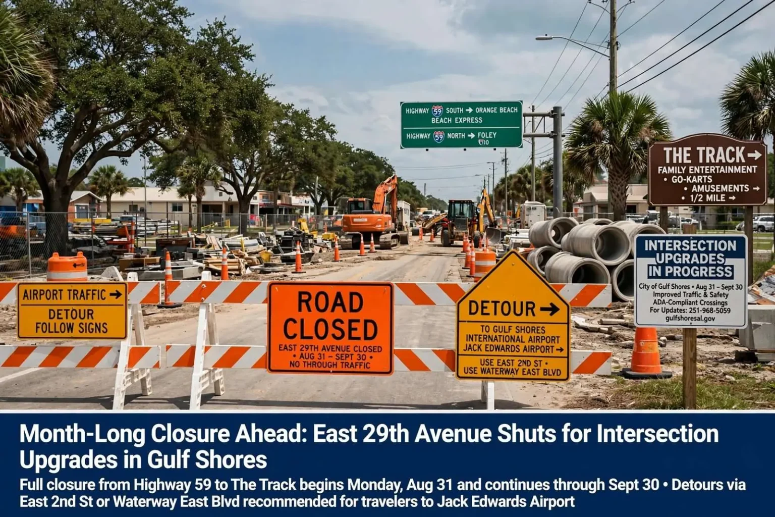 Illustration for the news story: Month-Long Closure Ahead: East 29th Avenue Shuts for Intersection Upgrades in Gulf Shores