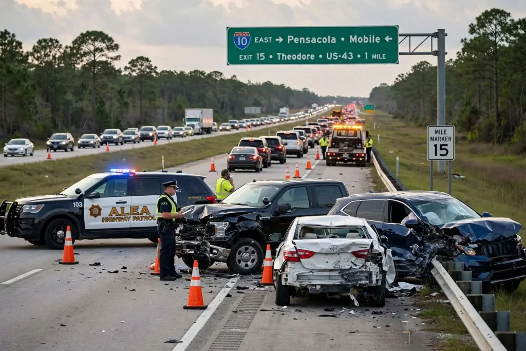Illustration for the news story: Multi-Vehicle Crash Snarls I-10 Traffic Near Theodore for Hours