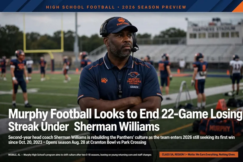 Illustration for the news story: Murphy Football Looks to End 22-Game Losing Streak Under Coach Sherman Williams