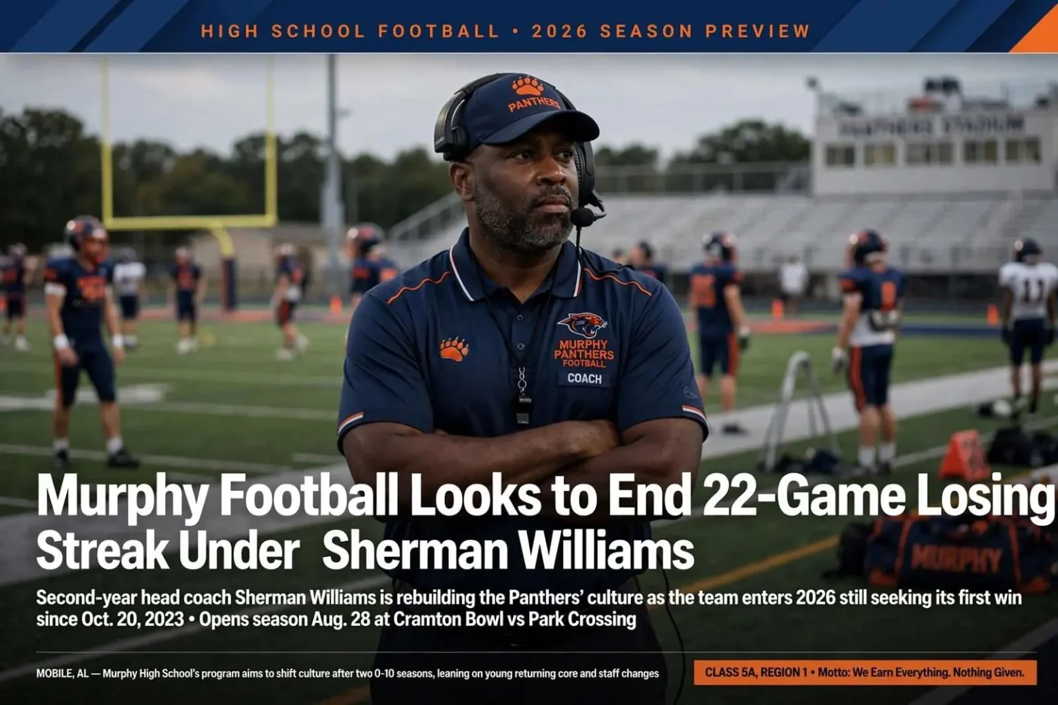 Illustration for the news story: Murphy Football Looks to End 22-Game Losing Streak Under Coach Sherman Williams