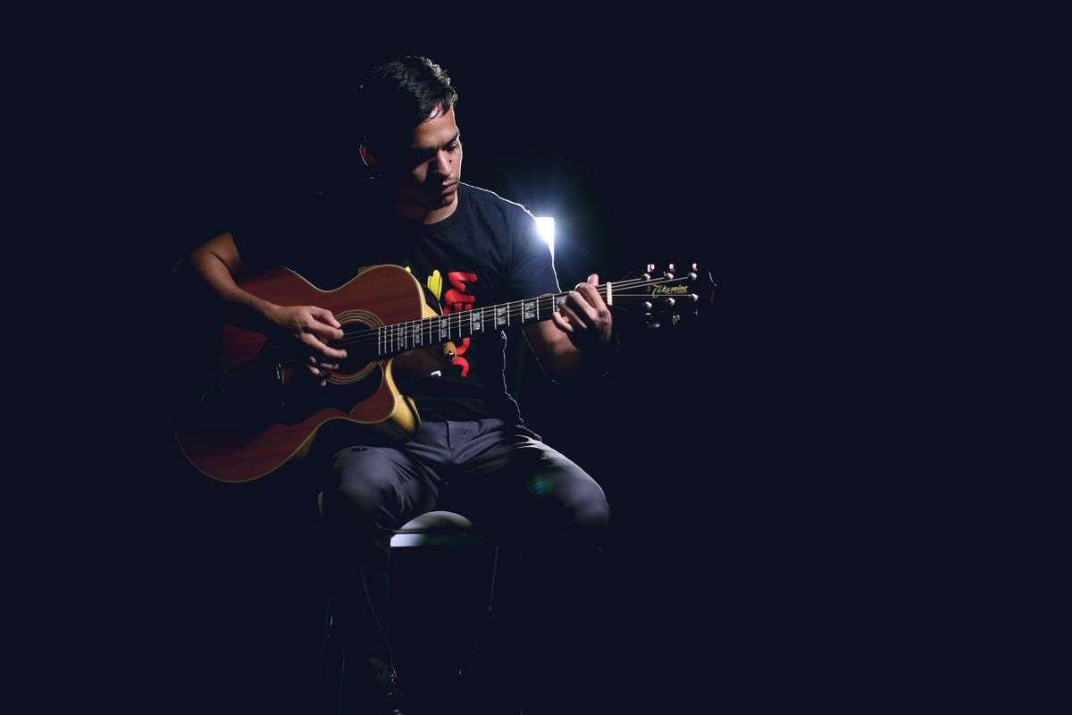 A musician playing an acoustic guitar
