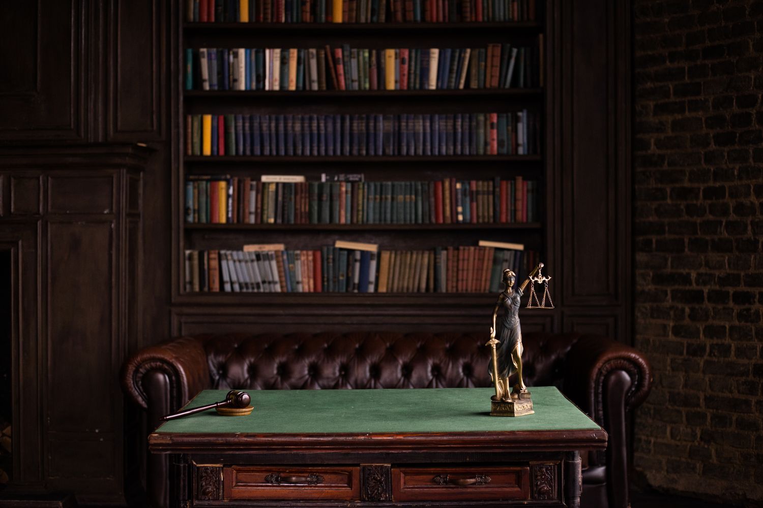 Wooden judge's gavel on a desk in a courtroom