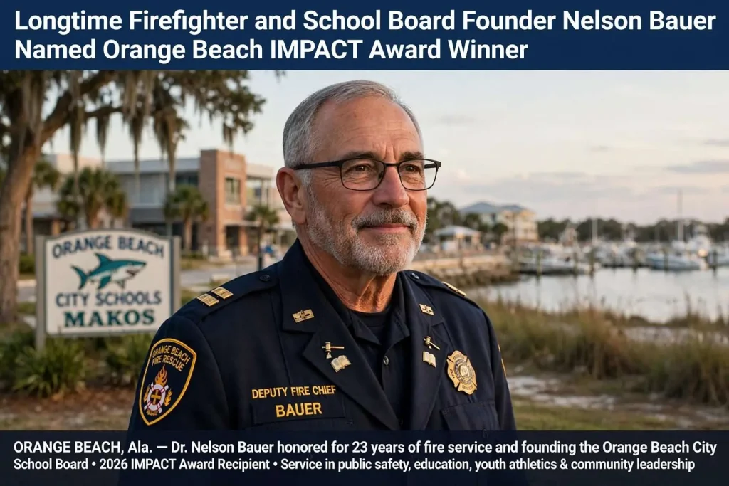 Illustration for the news story: Longtime Firefighter and School Board Founder Nelson Bauer Named Orange Beach IMPACT Award Winner