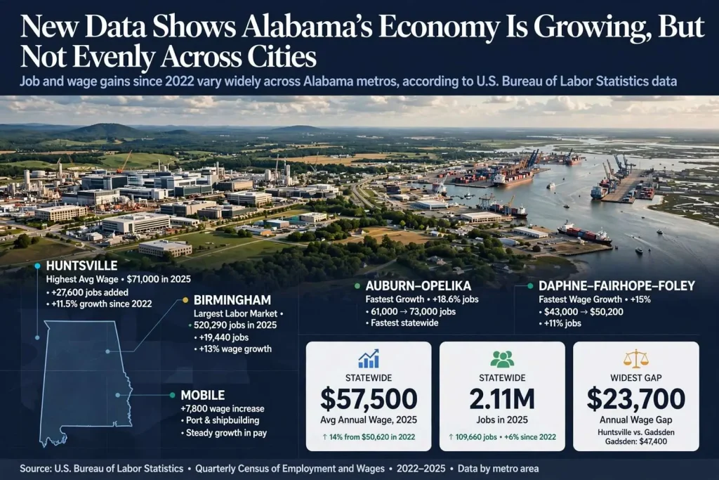Illustration for the news story: New Data Shows Alabama’s Economy Is Growing, But Not Evenly Across Cities