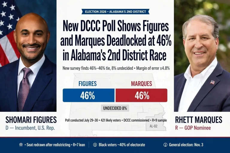 Illustration for the news story: New DCCC Poll Shows Figures and Marques Deadlocked at 46% in Alabama’s 2nd District Race