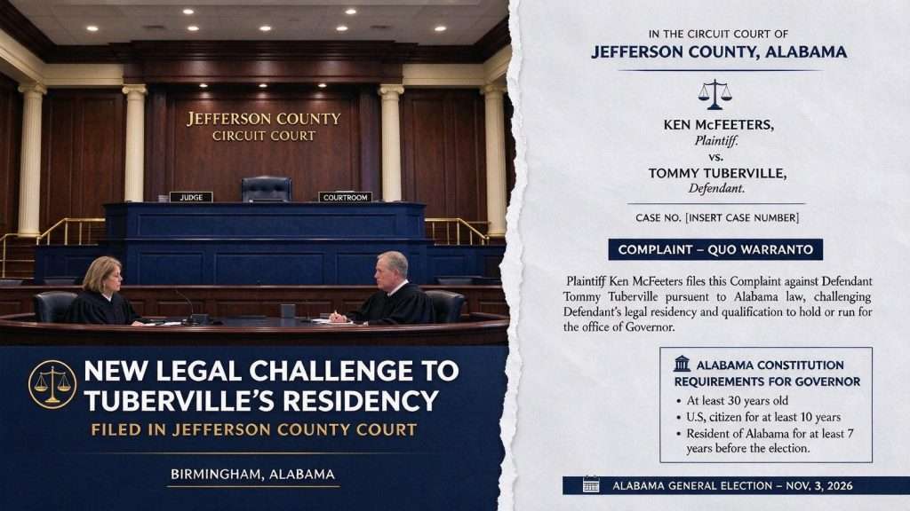 Illustration for the news story: New Legal Challenge to Tuberville’s Residency Filed in Jefferson County Court
