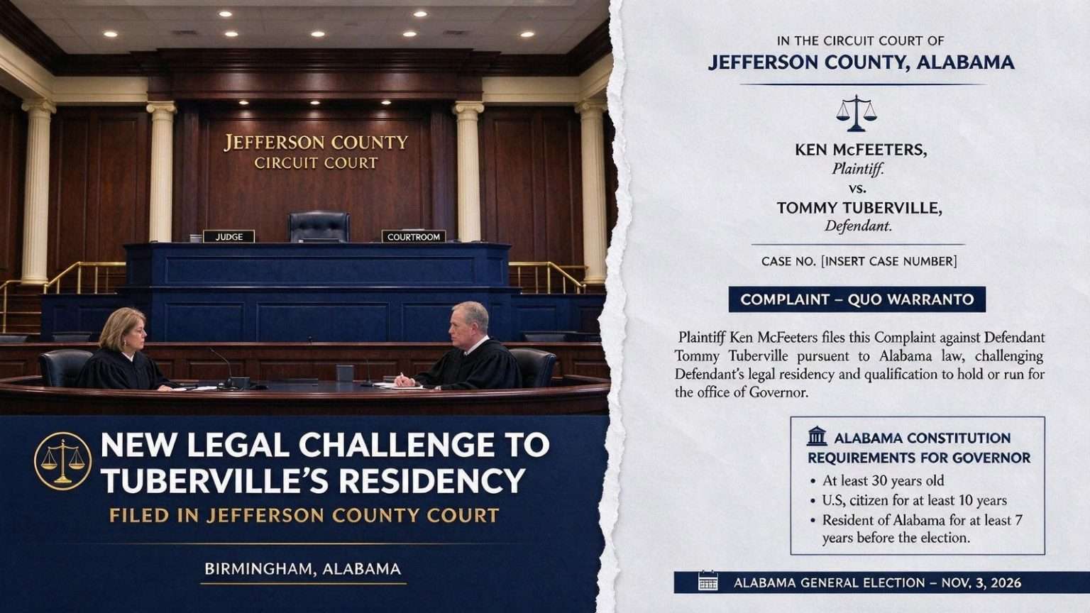 Illustration for the news story: New Legal Challenge to Tuberville’s Residency Filed in Jefferson County Court