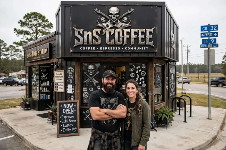 Illustration for the news story: New Summerdale Coffee Shop Blends Metal Music and Community at a Busy Baldwin County Crossroads