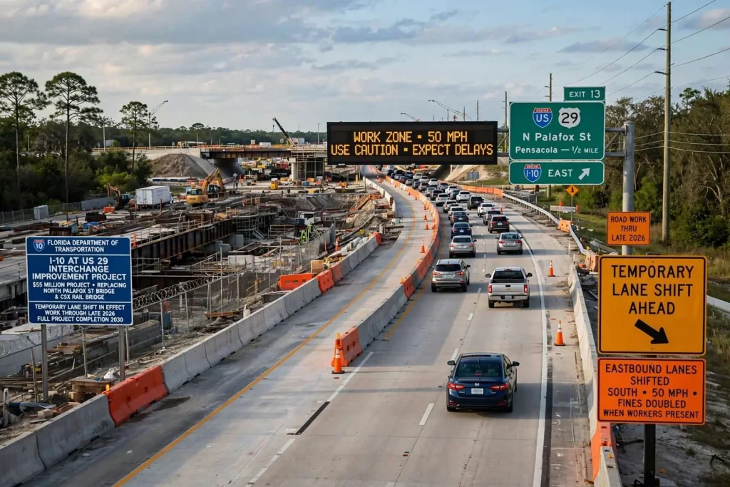 Illustration for the news story: New Traffic Pattern Shifts I-10 Eastbound Lanes Near U.S. 29 in Pensacola