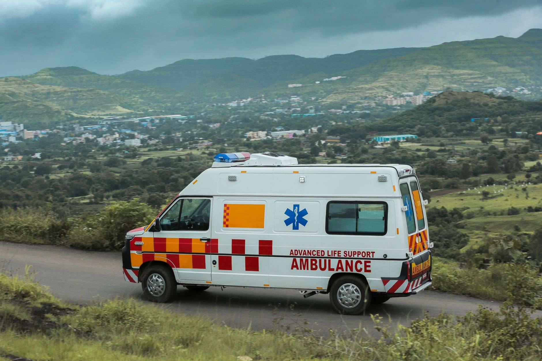 An ambulance emergency vehicle parked and ready to respond to a call
