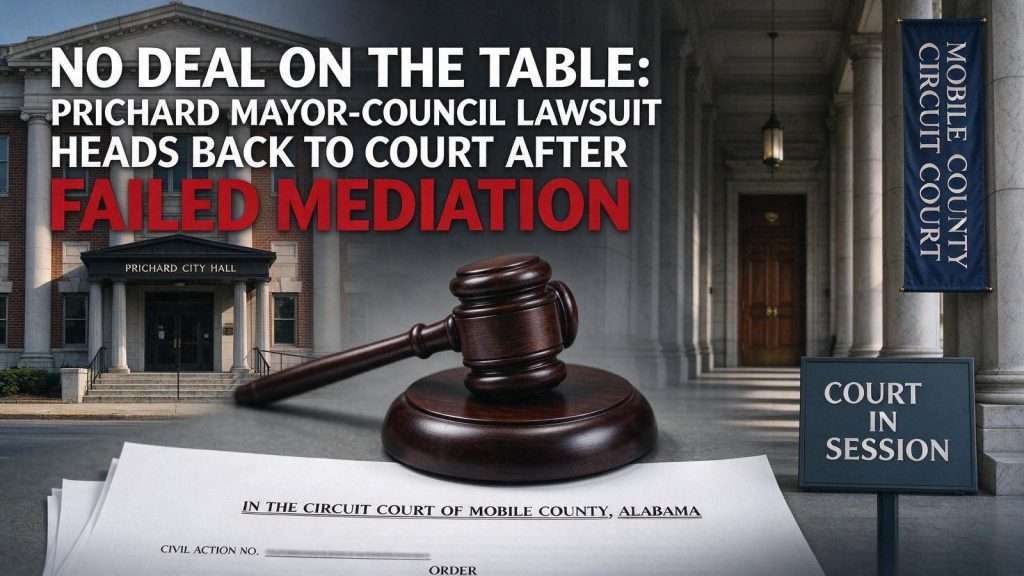 Illustration for the news story: No Deal on the Table: Prichard Mayor-Council Lawsuit Heads Back to Court After Failed Mediation