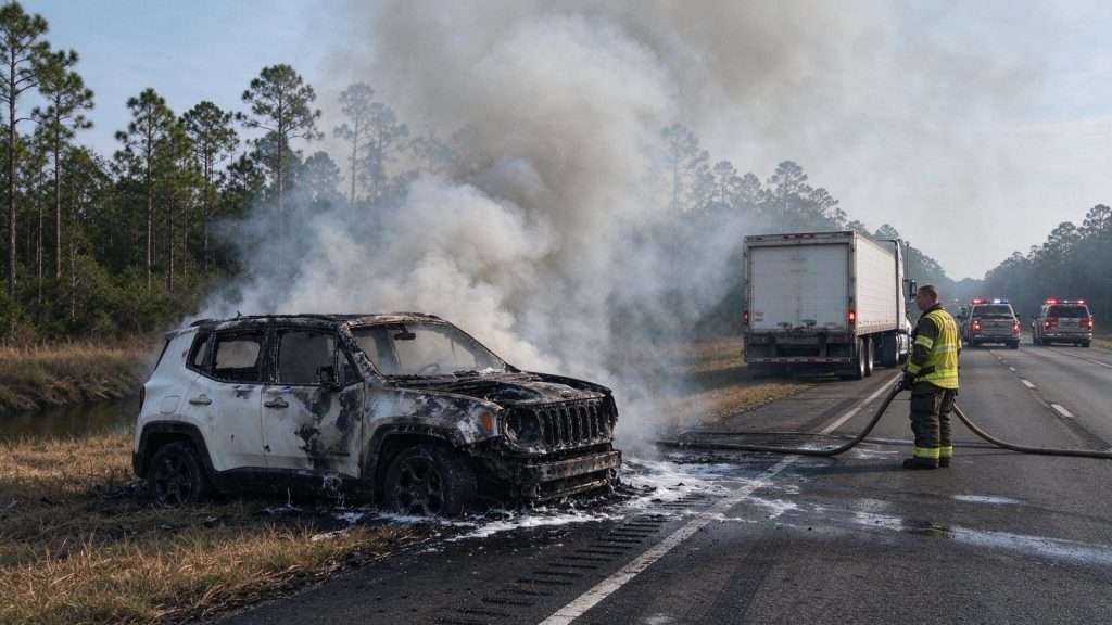 Illustration for the news story: No Injuries as Jeep Bursts Into Flames After Rear-Ending Semi on Highway 97
