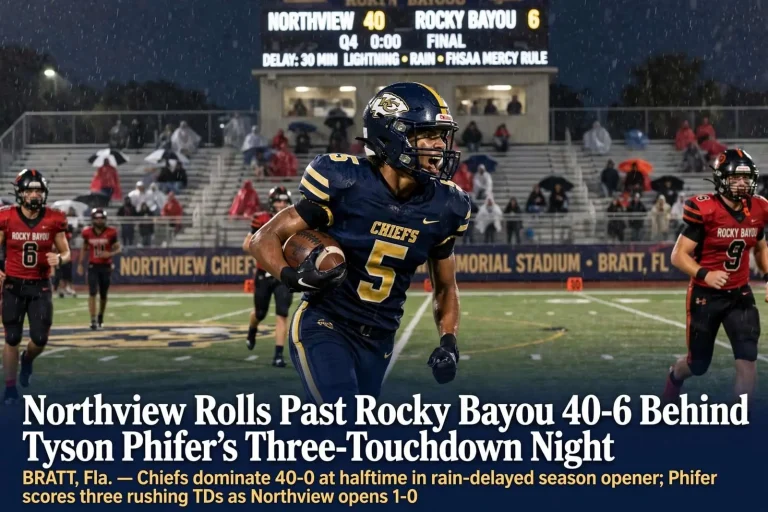 Illustration for the news story: Northview Rolls Past Rocky Bayou 40-6 Behind Tyson Phifer’s Three-Touchdown Night