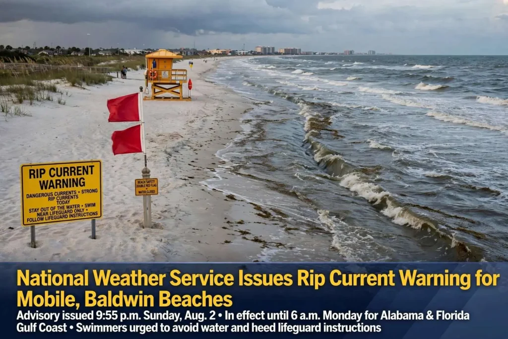 Illustration for the news story: National Weather Service Issues Rip Current Warning for Mobile, Baldwin Beaches