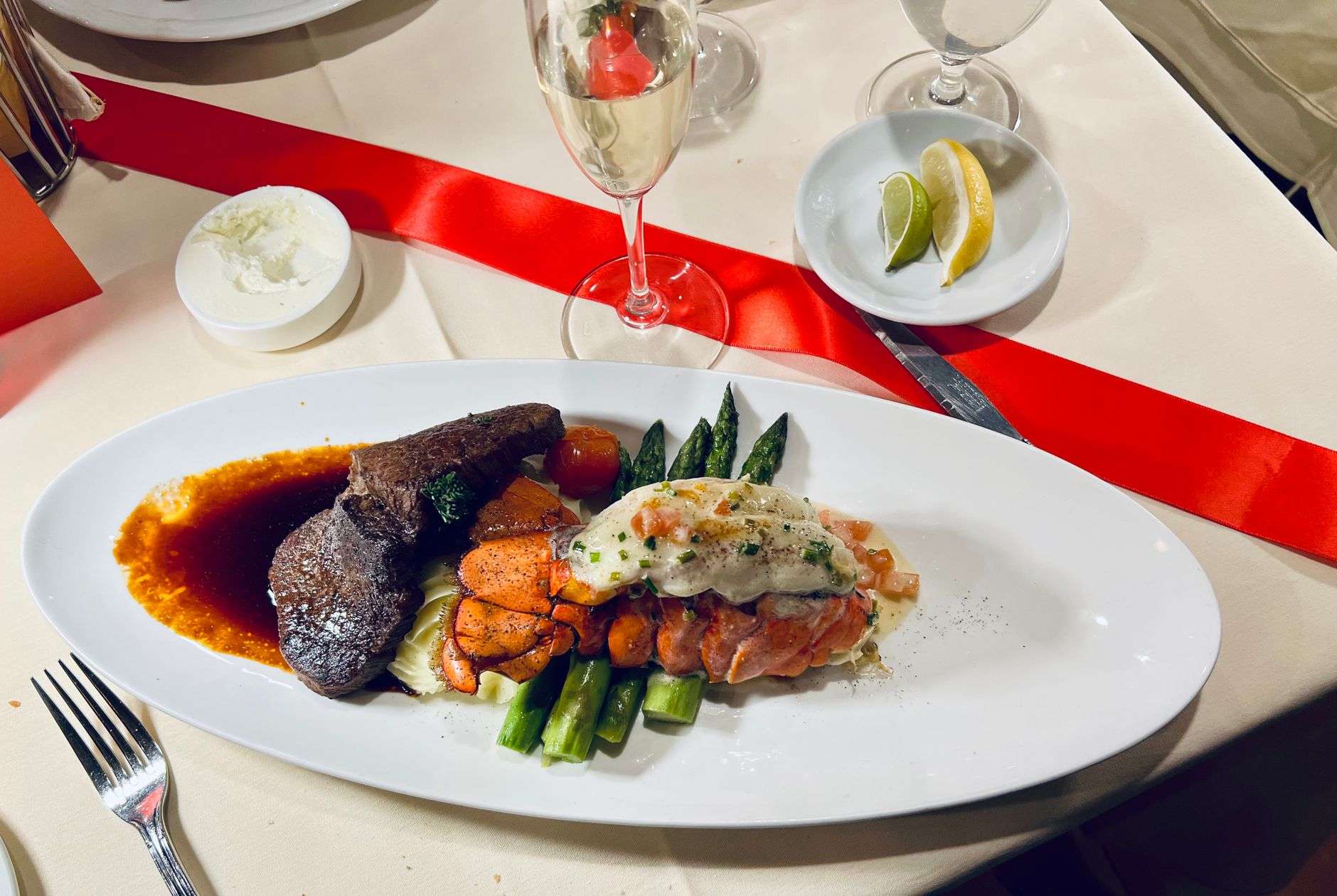 Steak and seafood dinner plate