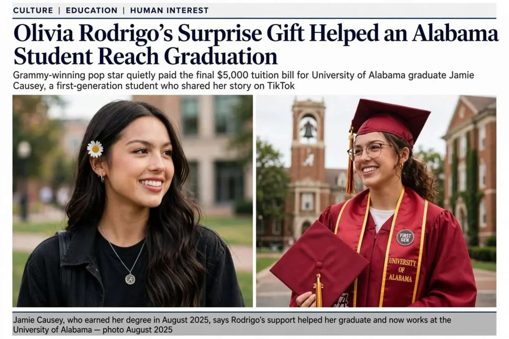 Illustration for the news story: Olivia Rodrigo’s Surprise Gift Helped an Alabama Student Reach Graduation