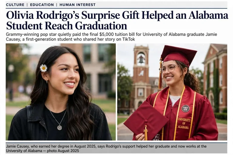 Illustration for the news story: Olivia Rodrigo’s Surprise Gift Helped an Alabama Student Reach Graduation
