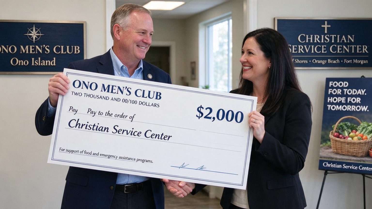 Illustration for the news story: Ono Men’s Club Presents $2,000 Donation to Christian Service Center