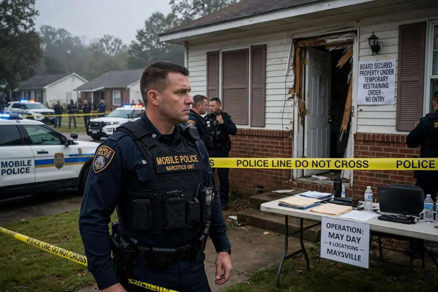 Illustration for the news story: Operation May Day: Mobile Police Raid Nine Alleged Drug Houses in Maysville