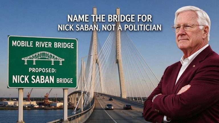 Illustration for the news story: Opinion: Name the New Mobile River Bridge for Nick Saban, Not a Politician