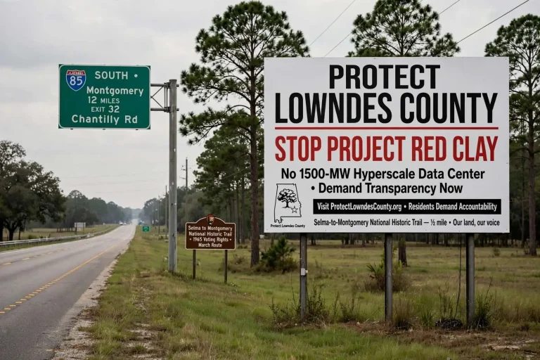 Illustration for the news story: Billboards Go Up Along Alabama Highways Opposing Lowndes County Data Center