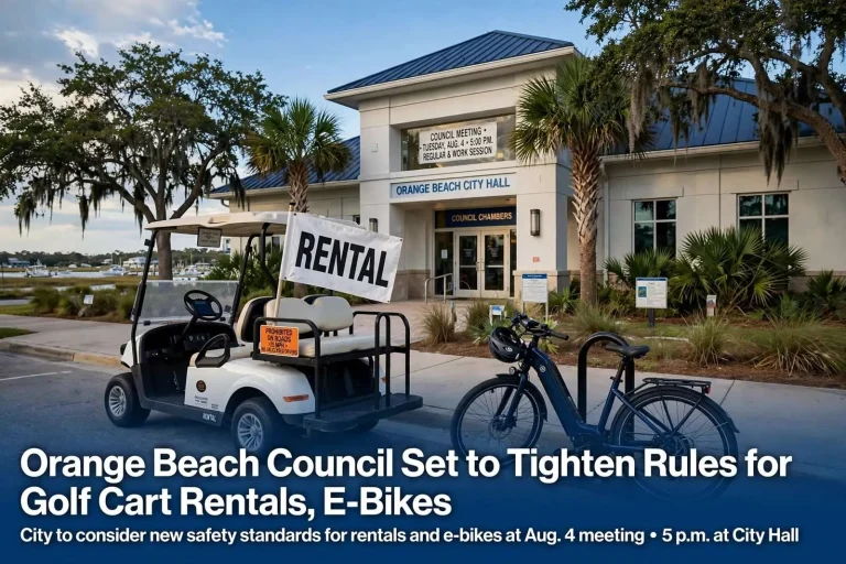 Illustration for the news story: Orange Beach Council Set to Tighten Rules for Golf Cart Rentals, E-Bikes