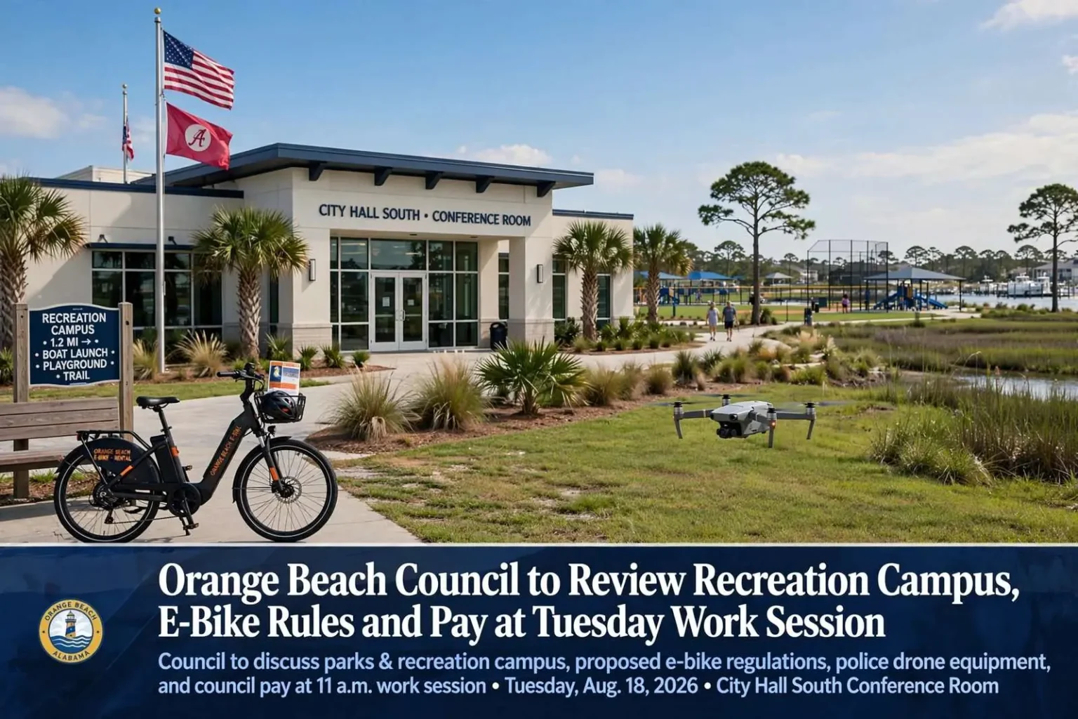 Illustration for the news story: Orange Beach Council to Review Recreation Campus, E-Bike Rules and Pay at Tuesday Work Session
