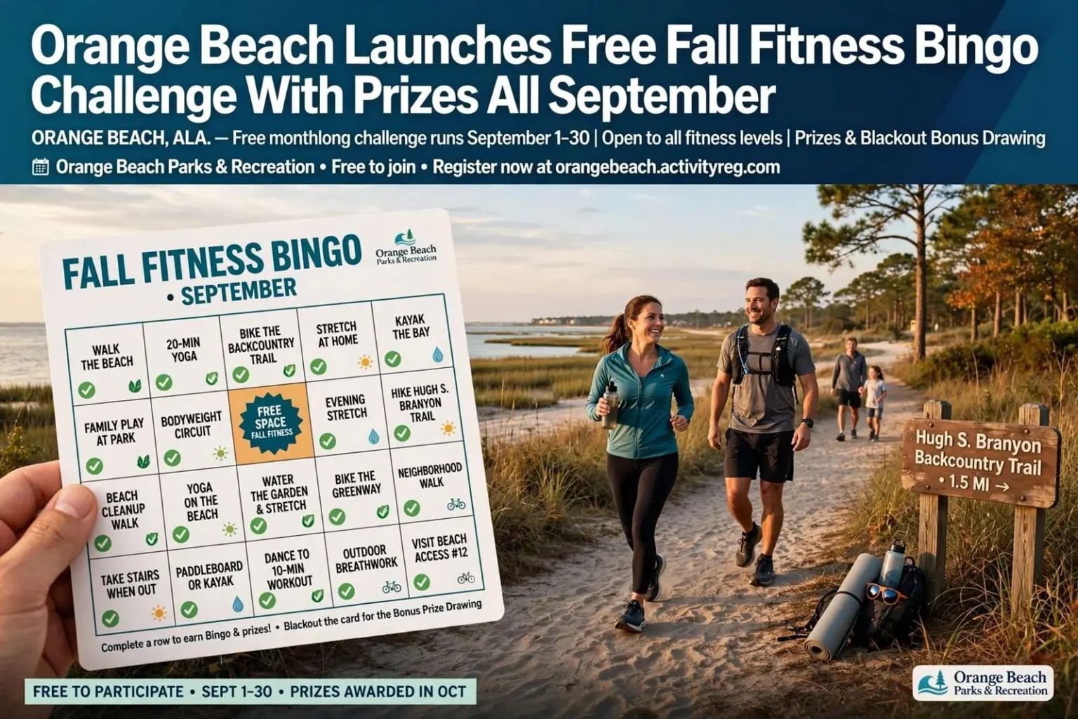 Illustration for the news story: Orange Beach Launches Free Fall Fitness Bingo Challenge With Prizes All September