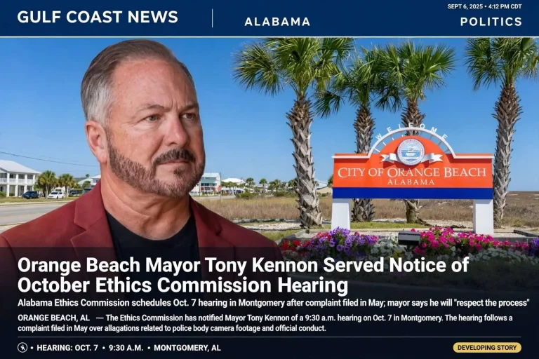 Illustration for the news story: Orange Beach Mayor Tony Kennon Served Notice of October Ethics Commission Hearing