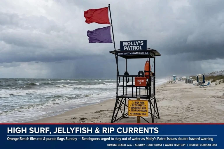Illustration for the news story: High Surf, Jellyfish and Rip Currents: Orange Beach Flags Double Hazard Warning Sunday