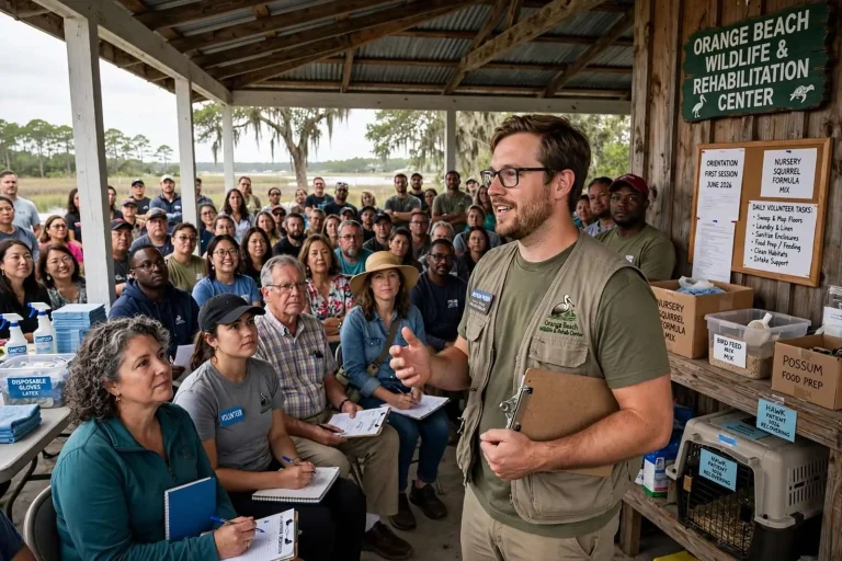 Illustration for the news story: Orange Beach Wildlife Center Draws Over 60 Volunteers at First Orientation as Patient Numbers Surge